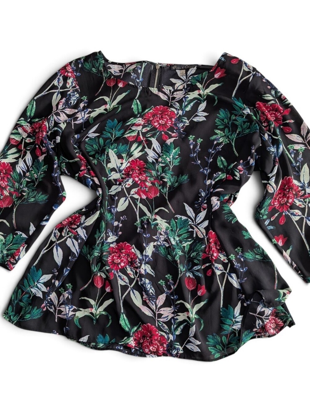Rose & Olive 2X Dark Floral Botanical Blouse Crimson Red Peony Zip Back Top Plus